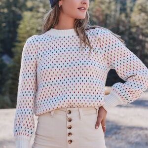 Marine Layer Women's XL Alma Puff Sleeve Sweater Geometric Rainbow Jacquard
